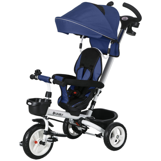 HOMCOM Metal Frame 4 in 1 Baby Push Tricycle with Parent Handle for 1-5 Years Old Dark Blue