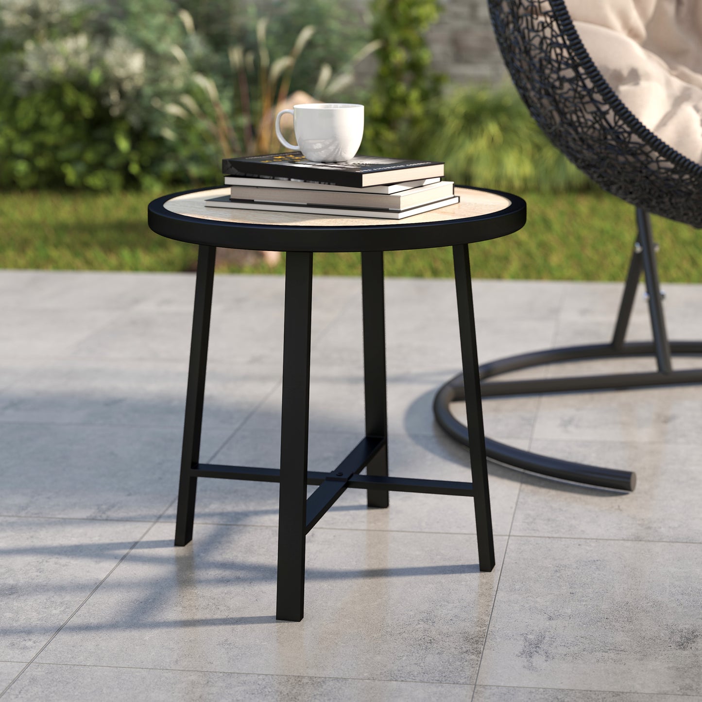 Outsunny Round Small Garden Table, 50.5cm Outdoor Side Table with SPC Tabletop, Metal Frame, Anti-slip Feet for Garden, Balcony, Wood Finish