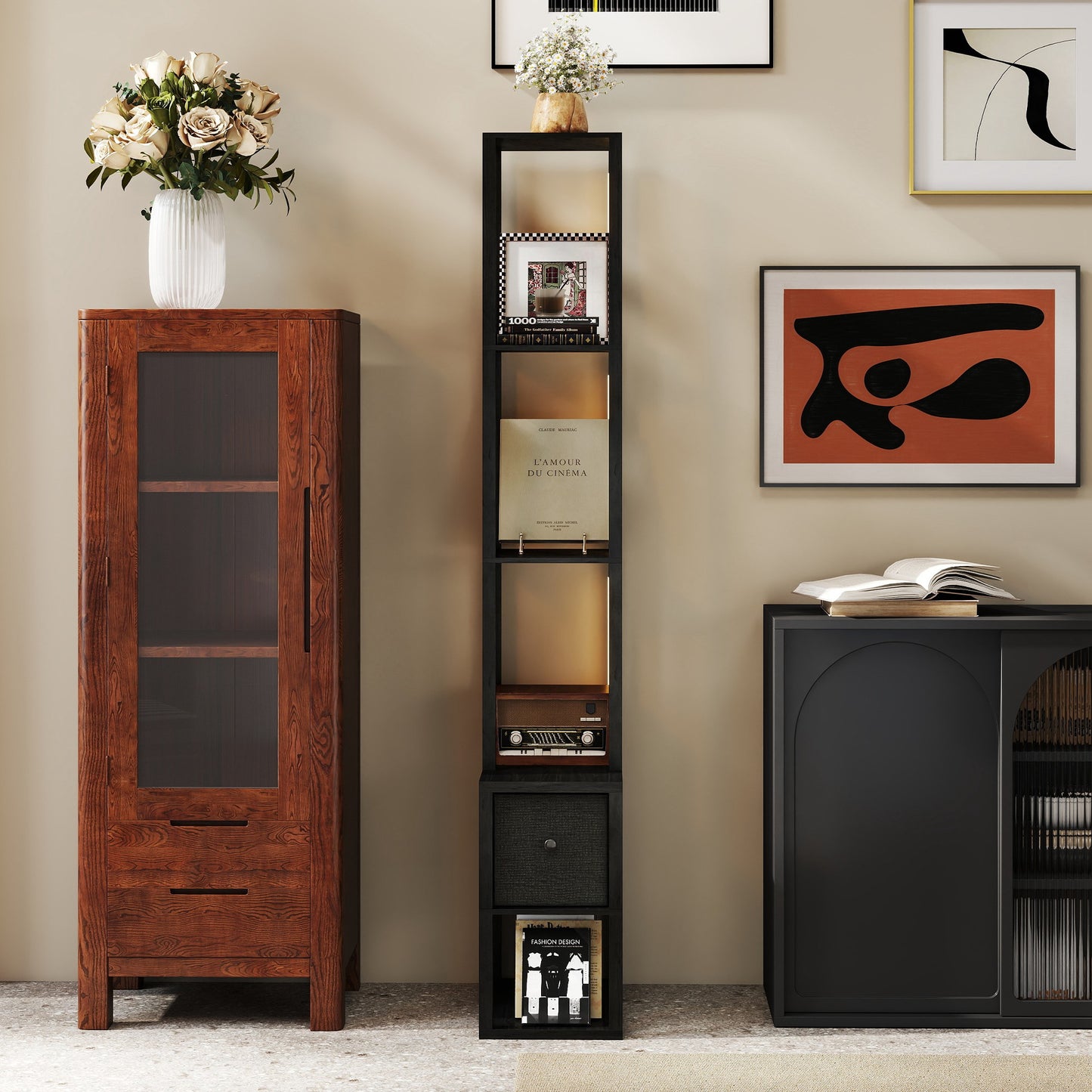 HOMCOM Floor Lamp with Shelves, LED Modern Standing Lamp, Fabric Drawer, Adjustable Brightness, Foot Switch for Living Room, Bedroom, Office, Black