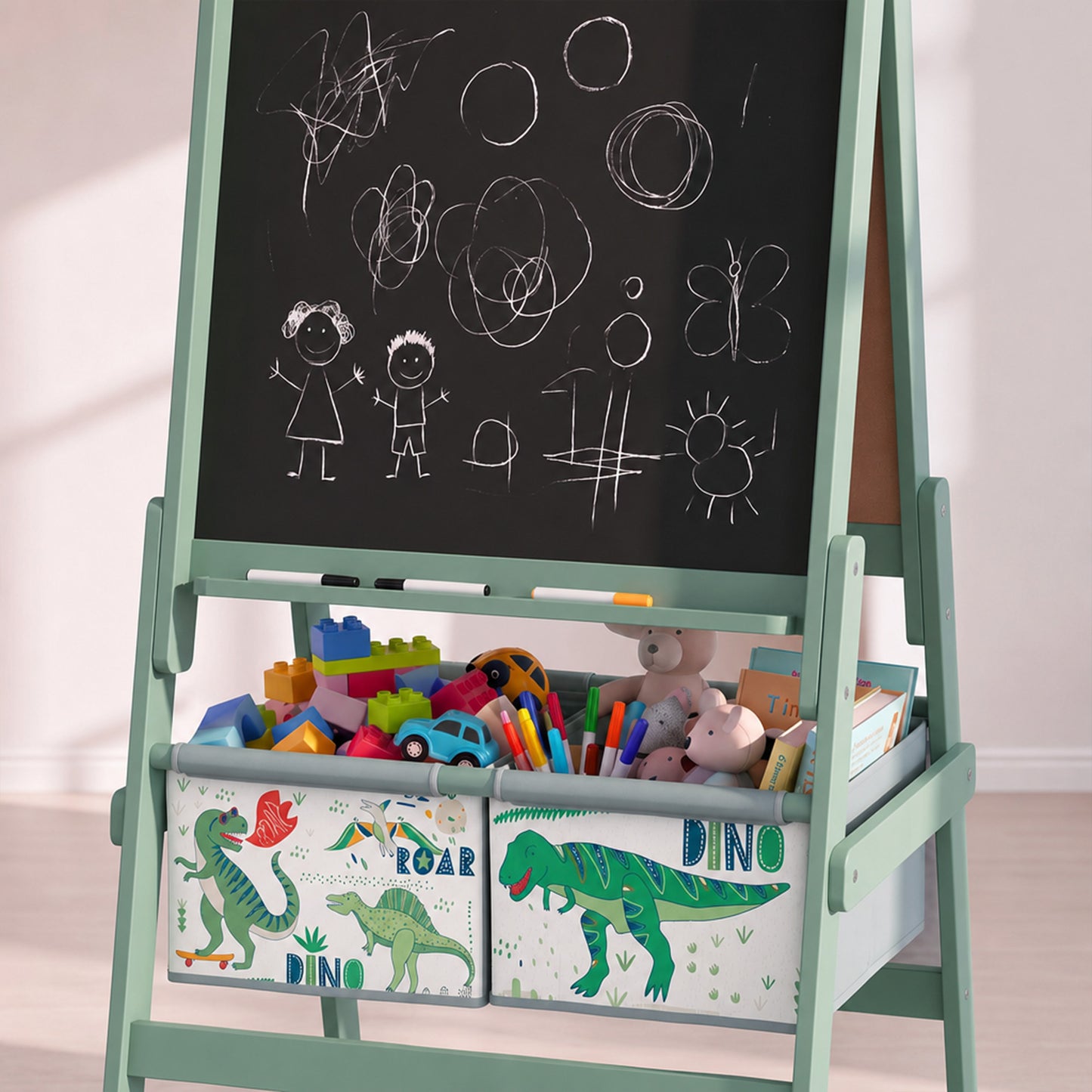 AIYAPLAY Art Easel for Kids, 3-in-1 Kids Easel with Chalkboard, Whiteboard, Paper Roll, Storage, Under-Board Shelf for 3-8, Green