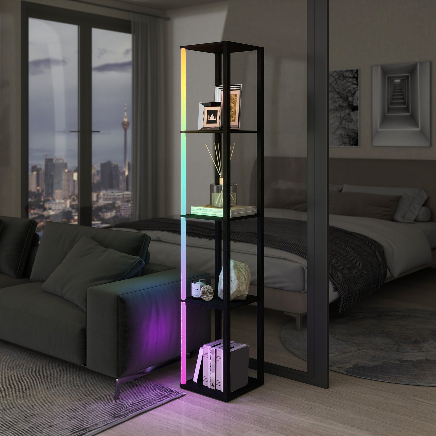 HOMCOM RGB LED Floor Lamp with Shelves, Modern Dimmable Standing Lamp, Remote Control, Adjustable Brightness & Speed, Black