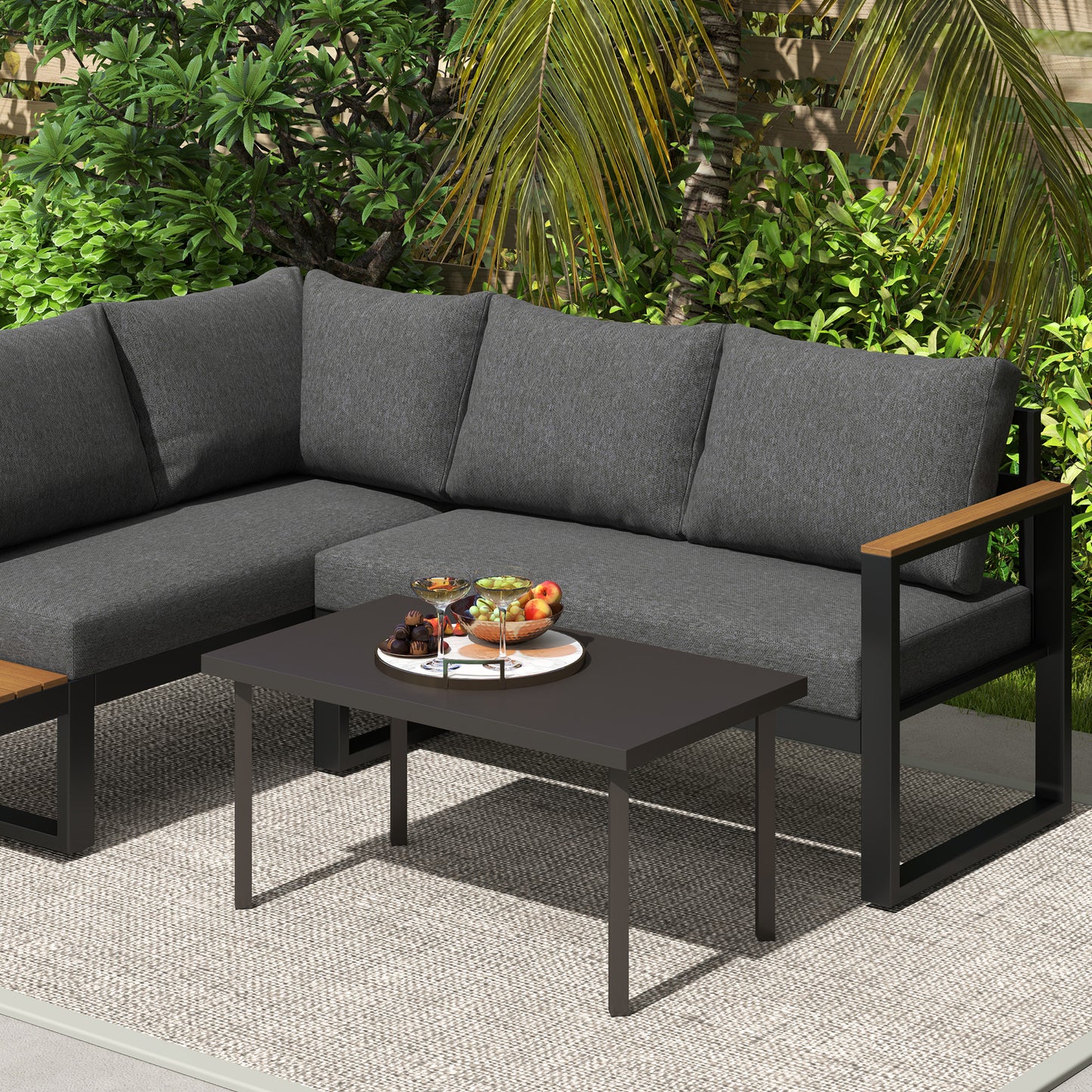 Outsunny Rectangular Metal Garden Coffee Table, Woodgrain Top, Foot Pads for Outdoor Use, 95x55x46cm, Brown