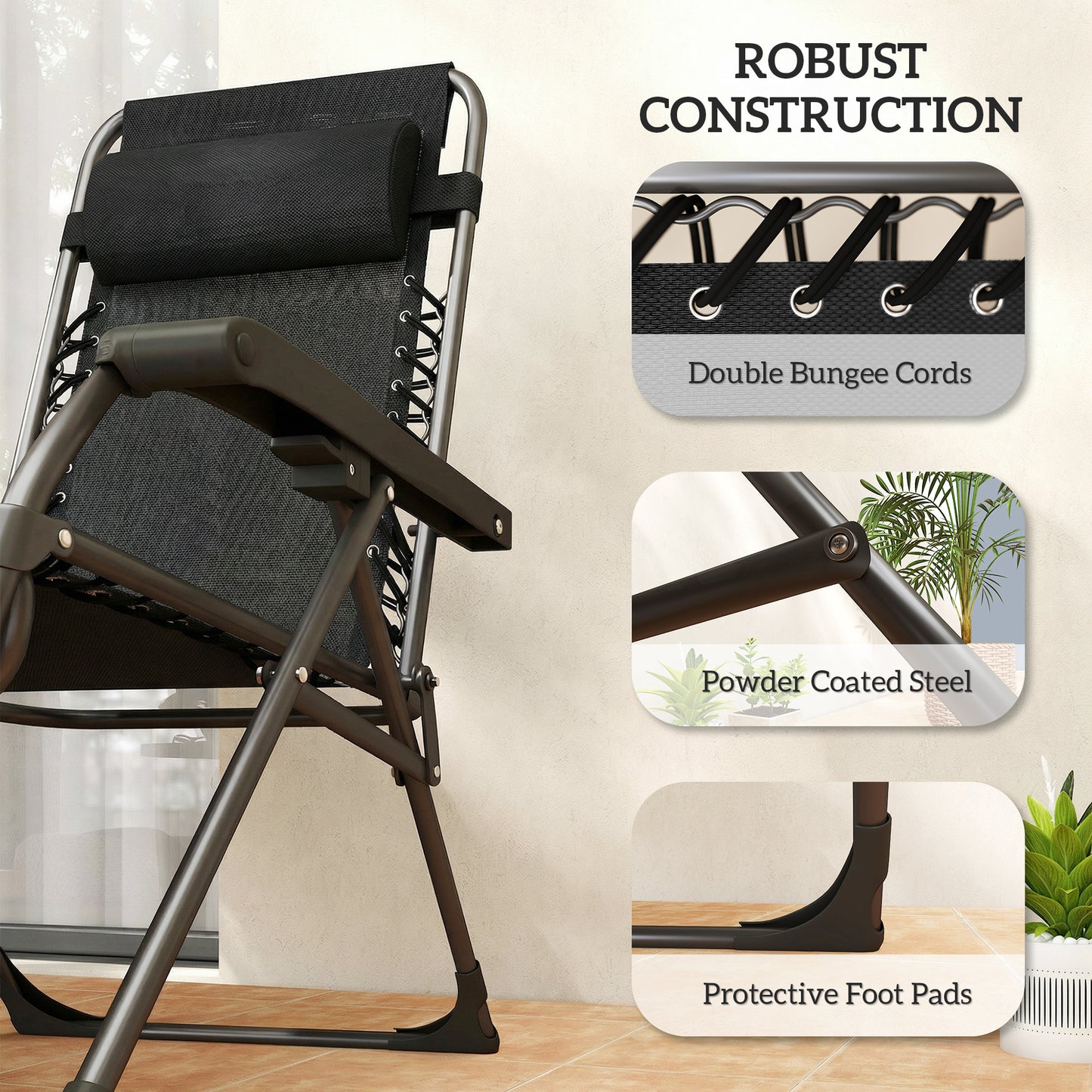 Outsunny Zero Gravity Chairs Set of 2, Folding Sunloungers Reclining Garden Chairs with Cup Holder, Headrest, Black