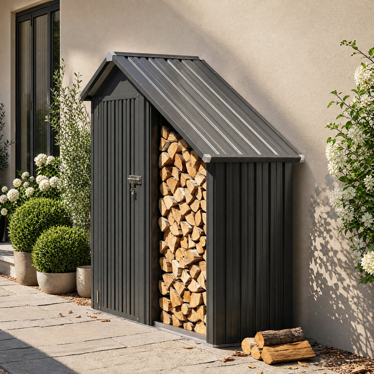 Outsunny 2 in 1 Galvanised Steel Firewood Shed, Outdoor Log Storage Shed with Tool Cabinet and Firewood Rack, Dark Grey