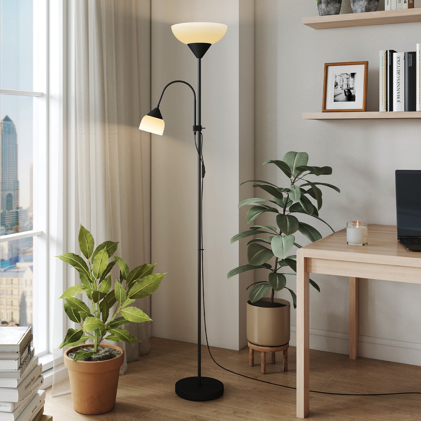 HOMCOM LED Floor Lamp, 180cm Tall Standing with Mother and Child Uplighter, Adjustable Gooseneck, 3 Colour Temps, Black