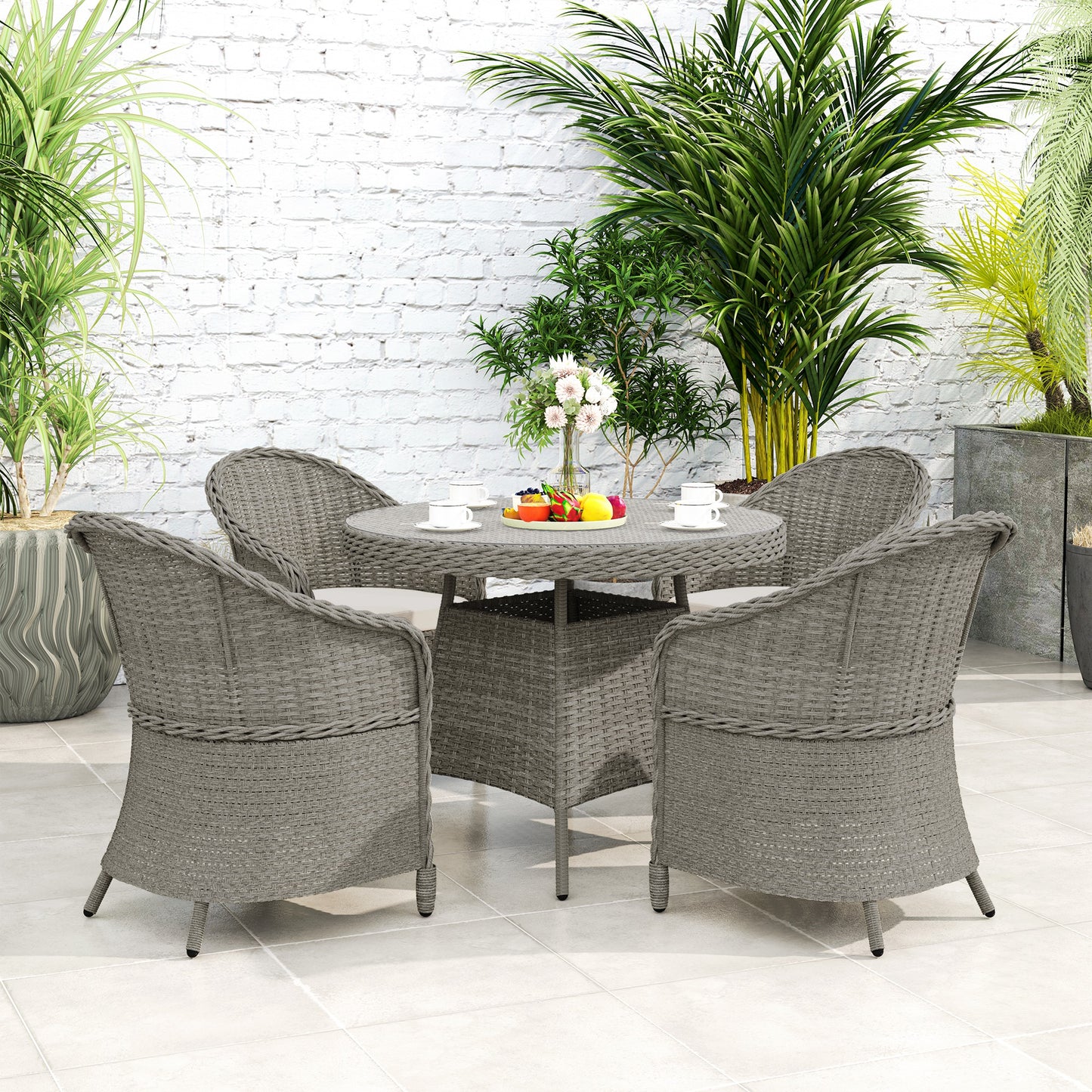 Outsunny 4-Seater Rattan Garden Furniture Set, Glass-Top Table & Cushions, Umbrella Hole, Outdoor Dining, Grey