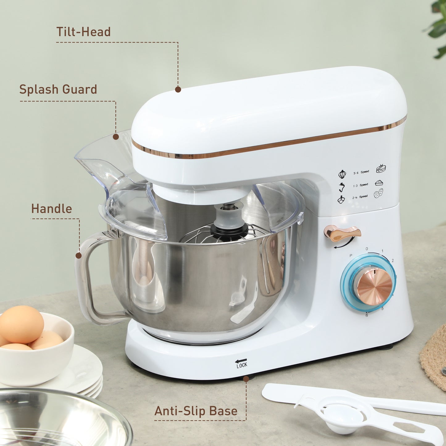 HOMCOM Stand Mixer, 5L, 1400W, 6 Speeds, Pulse, Hook, Whisk, Stainless Bowl, Splash Guard, Beater, White