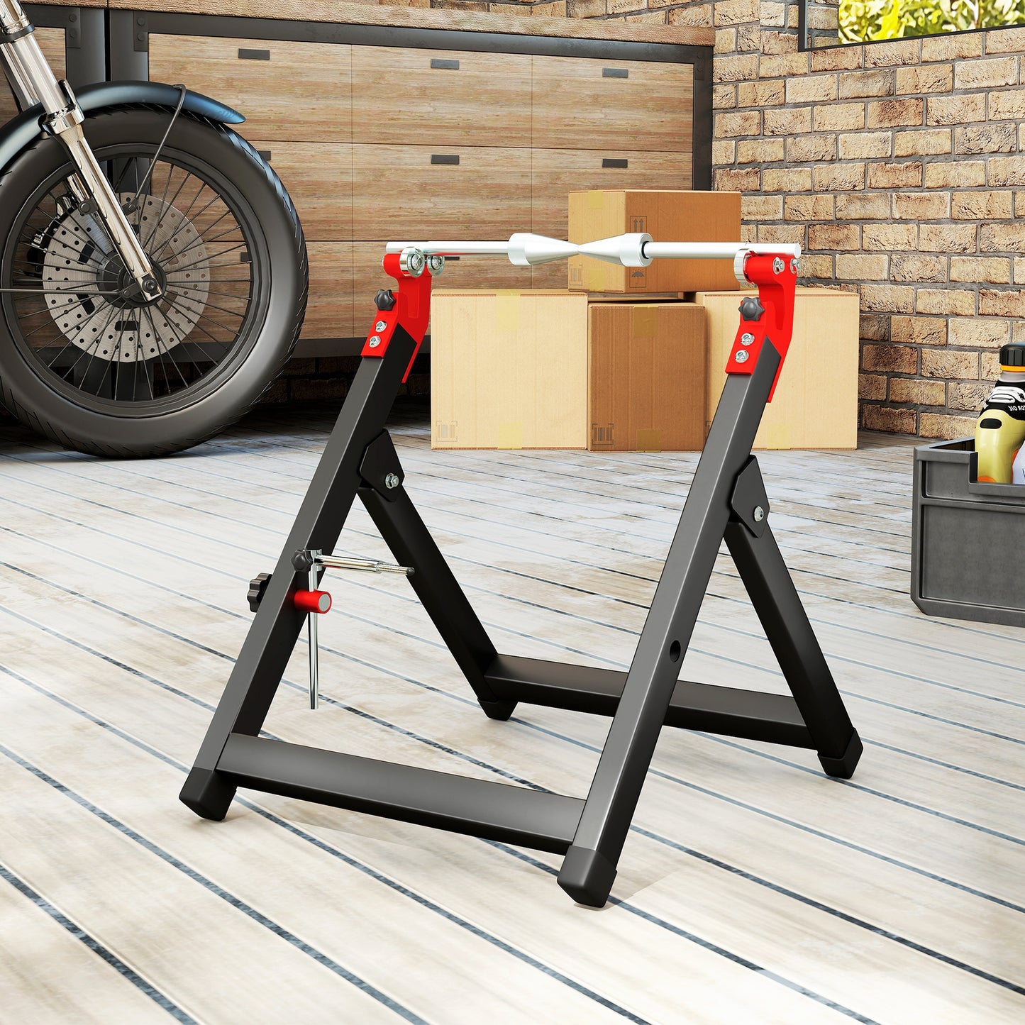 HOMCOM Foldable Motorcycle Wheel Balancer & Truing Stand, Steel with Spoke Wrench, Fits Wheels up to 23" x 5", Aluminium Shaft, Black