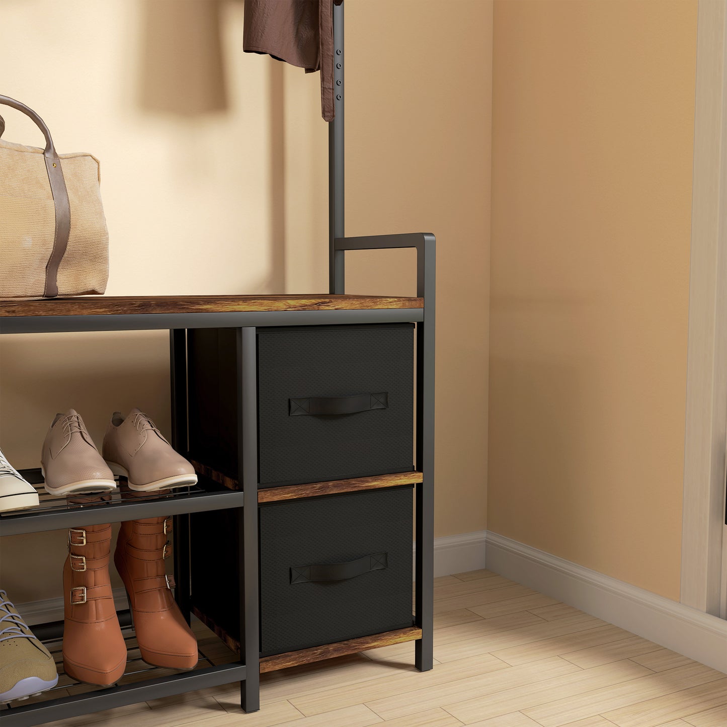 HOMCOM Coat Rack with Bench and Shoe Storage, Rustic Brown
