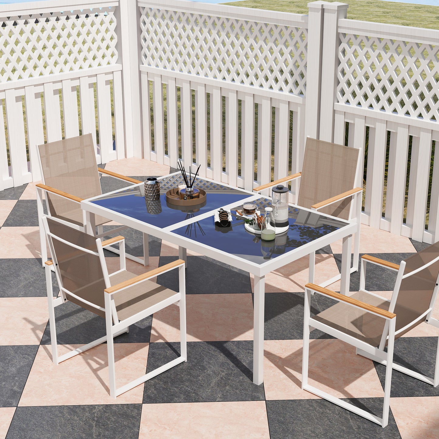 Outsunny 5 Piece Garden Furniture Set with 4 Armchairs and Tempered Glass Table Top, for Deck, Balcony