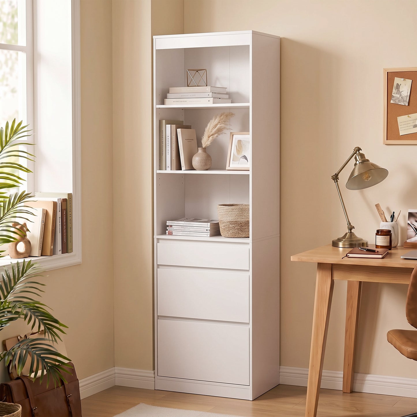 HOMCOM Bookcase with Drawers Adjustable Shelves Book Shelf for Study Living Room White