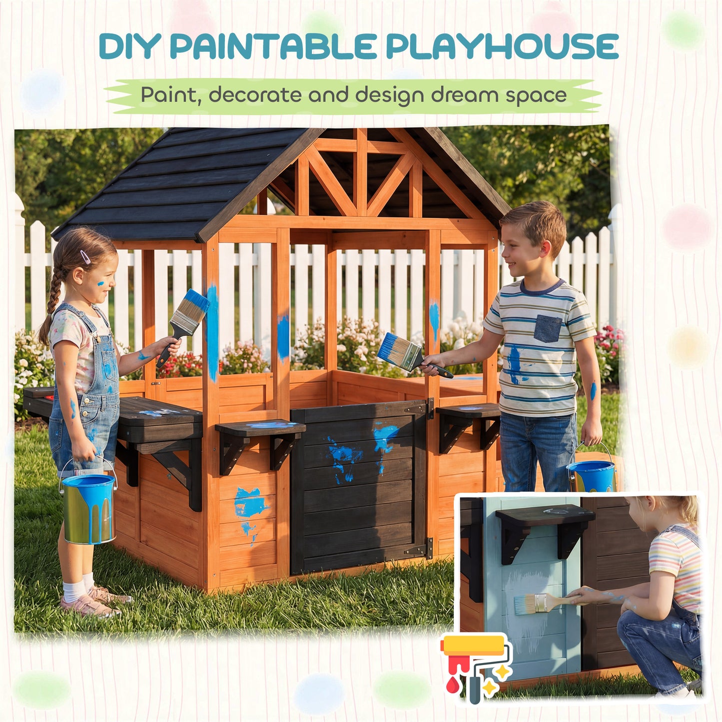 AIYAPLAY Wooden Playhouse Playhouse for Kids with Table, Benches, Sink Table, Windows, Flowerpot Holders, for Ages 3-8, Brown