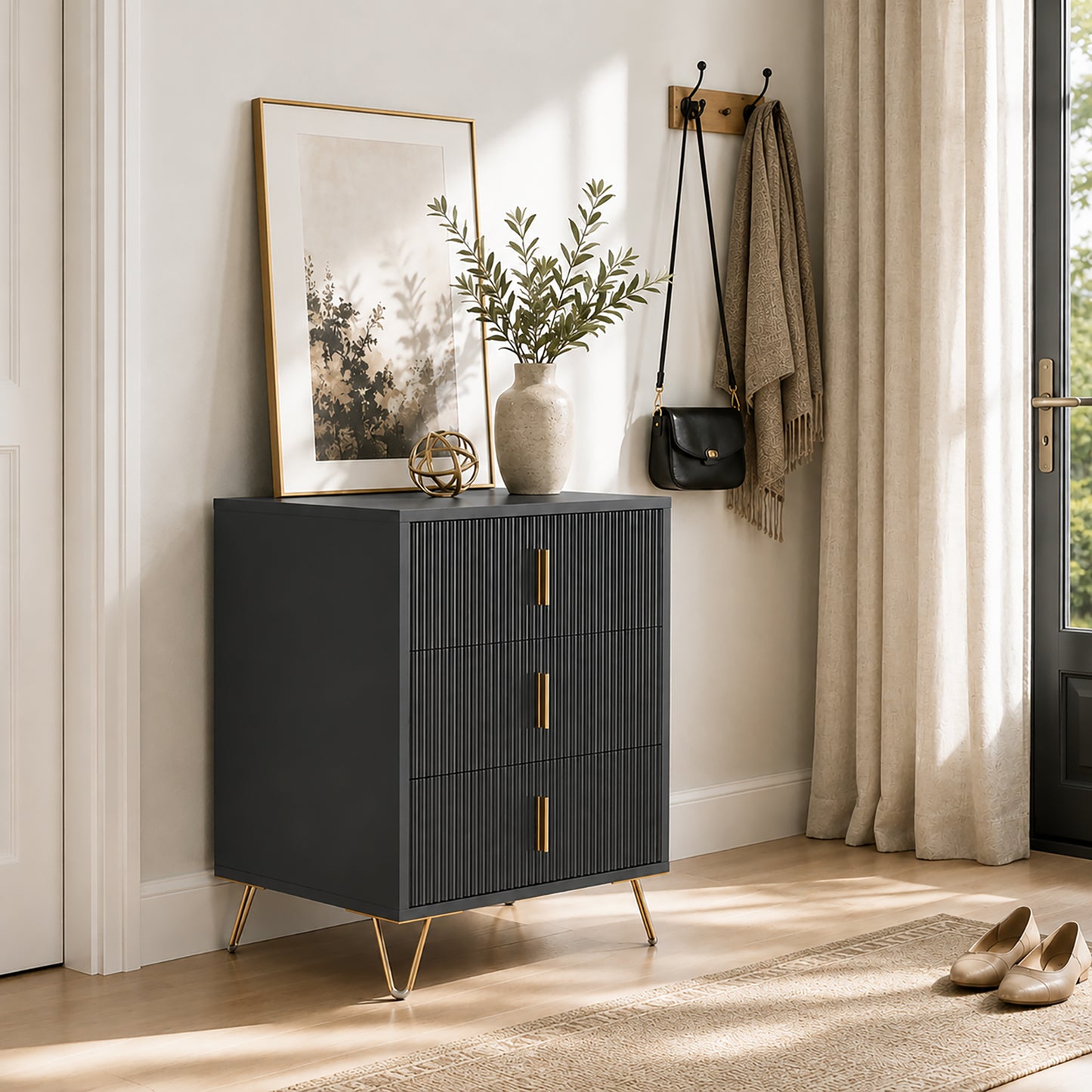 HOMCOM Modern 3-Drawer Dresser, Fluted Bedroom Dresser Chest of Drawers with Metal Legs and Steel Handles for Bedroom, Black