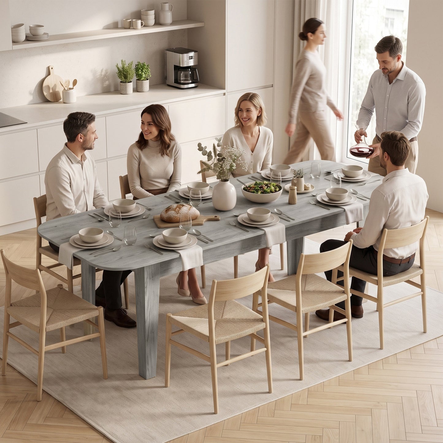HOMCOM Extendable Oval Dining Table for 4-6, Farmhouse Expandable Kitchen Table, Round Edges, Grey Wood Effect