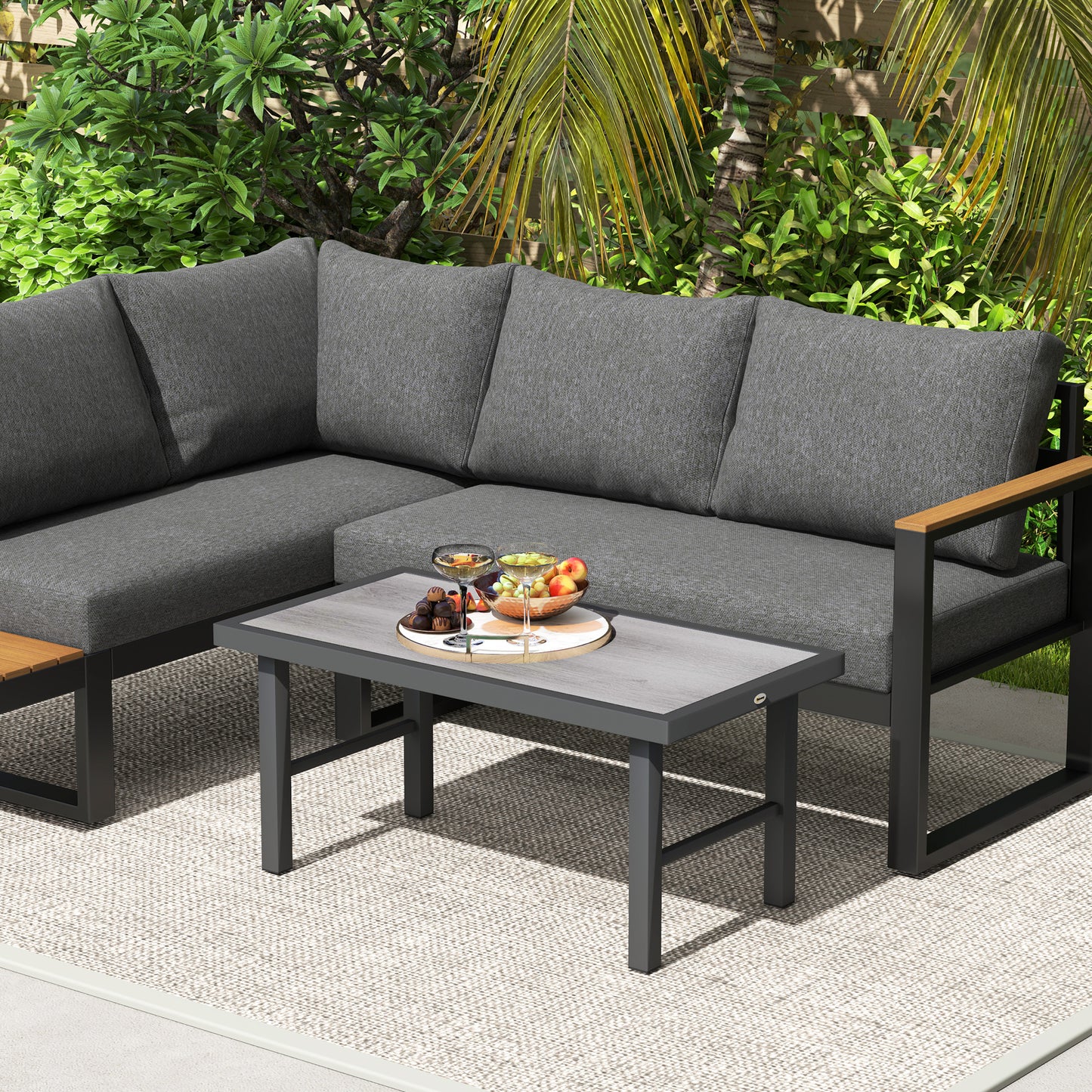 Outsunny Metal Garden Coffee Table, Outdoor Side Table with SPC Woodgrain Tabletop, 100 x 53 x 46cm, Grey Wood Effect