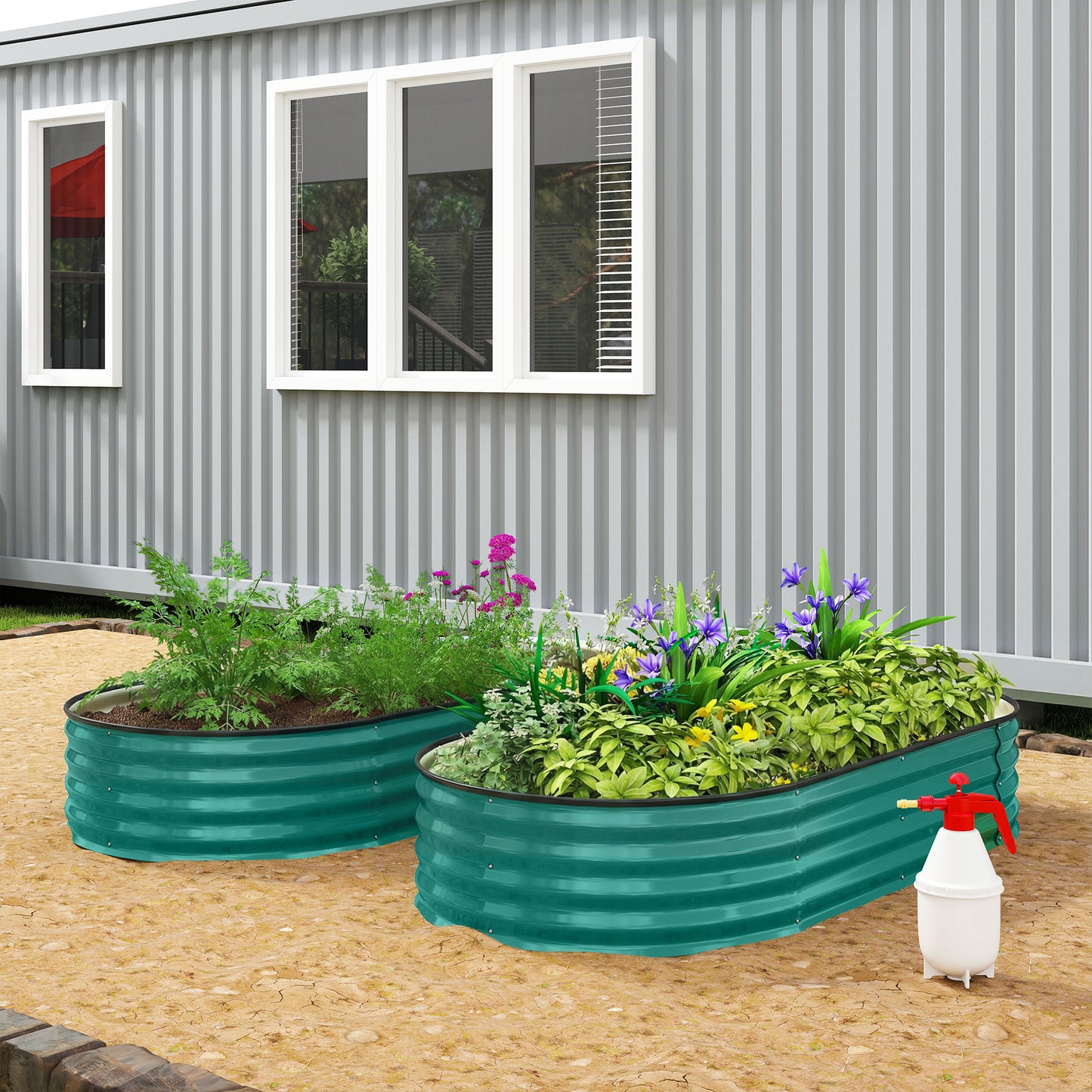 Outsunny Galvanised Raised Garden Bed, Metal Planter Box with Safety Edging, for Flowers, Herbs, Succulents, Light Green
