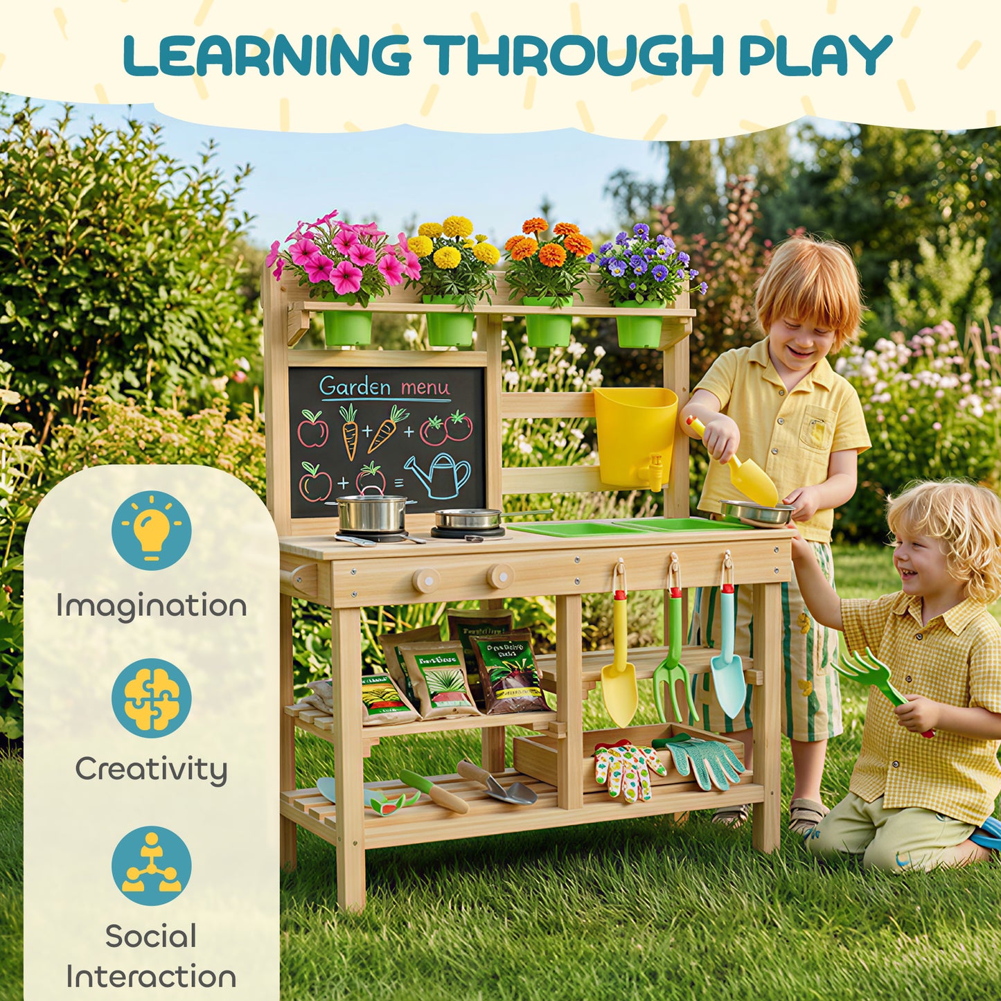 AIYAPLAY Kids Mud Kitchen, Outdoor Wooden Play Kitchen with Kitchenware & Garden Tools, Pretend Play Outdoor Toys, Natural