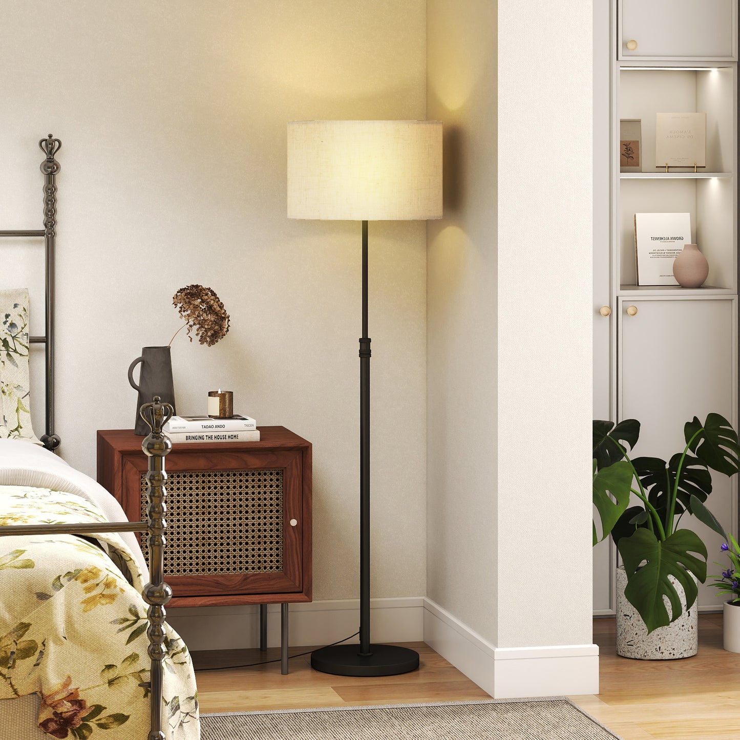 HOMCOM Floor Lamp, Height Adjustable with Linen Shade, Dimmable 3000K-6000K, Remote & Foot Switch for Living Room/Bedroom/Office, Black