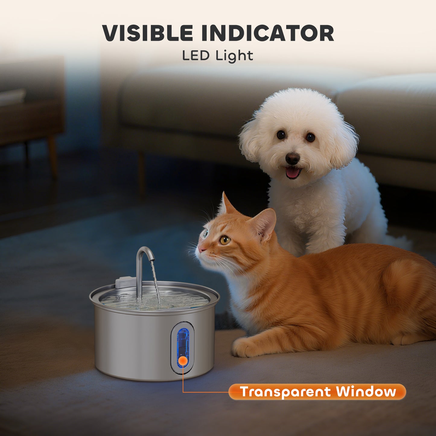 PawHut 2.5L Stainless Steel Cat Water Fountain for Drinking with Ultra-Silent Pump, Water-Level Window, Filters