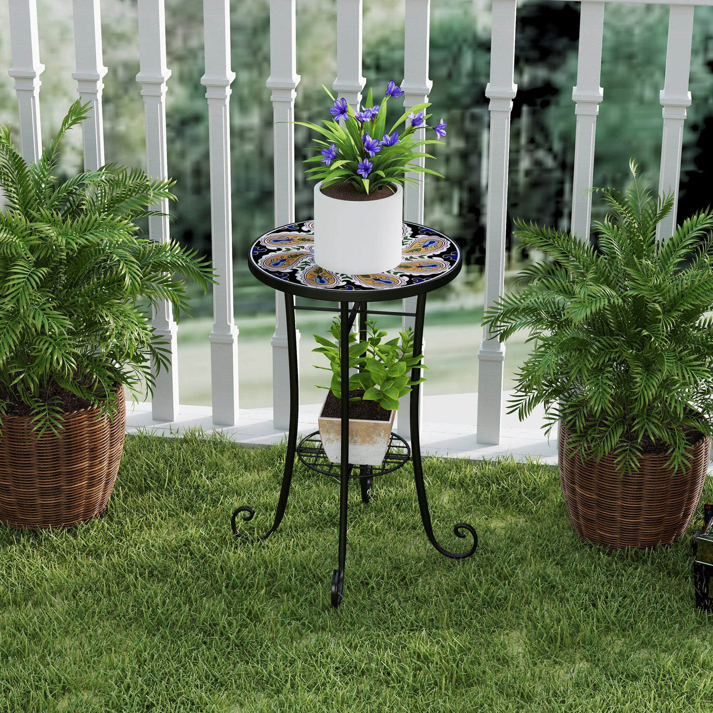 Outsunny Mosaic Garden Table, 35.5 cm Round Outdoor Ceramic Tile Top, Patio/Balcony End Table, Orange