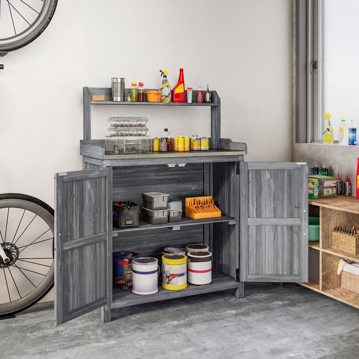 Outsunny Wooden Potting Bench Table with Aluminium Worktop, Outdoor Garden Workbench with Top Shelf and Cabinet Storage