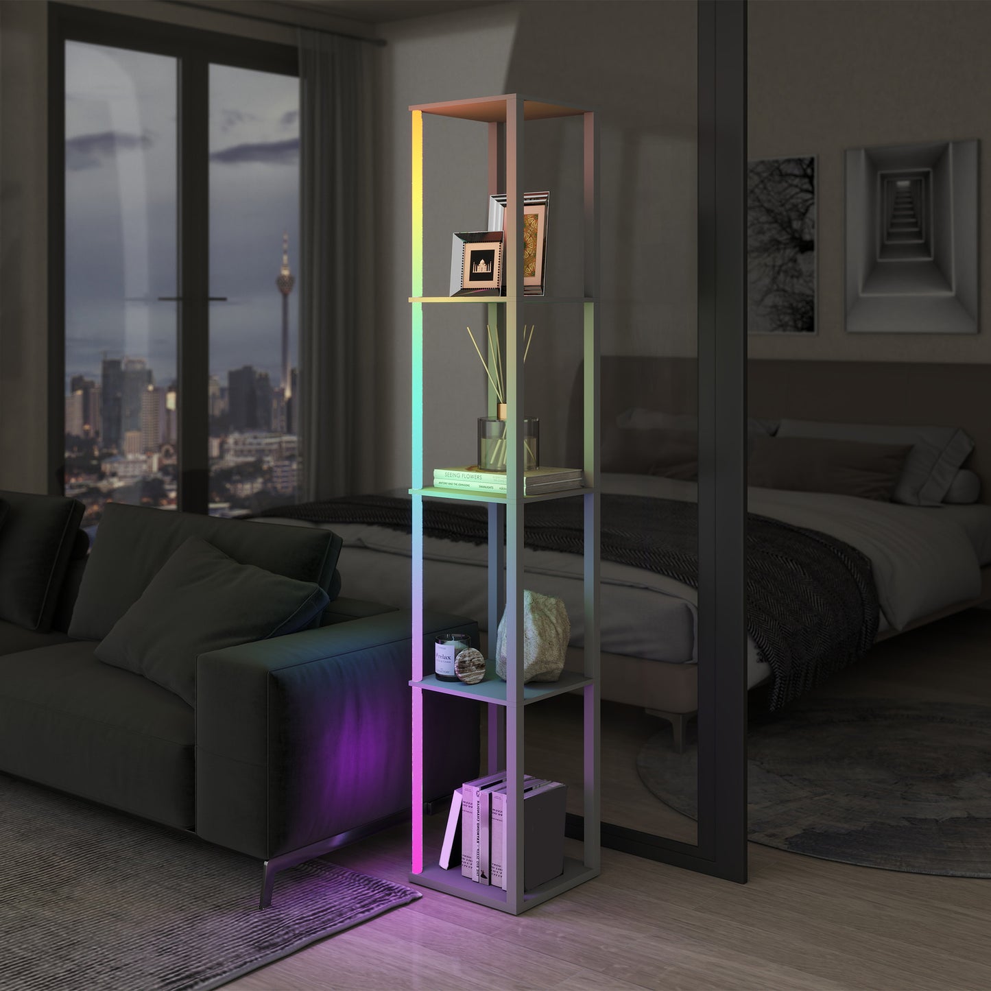 HOMCOM RGB LED Floor Lamp with Shelves, Modern Dimmable Standing Lamp, Remote Control, Adjustable Brightness & Speed for Living Room, Grey
