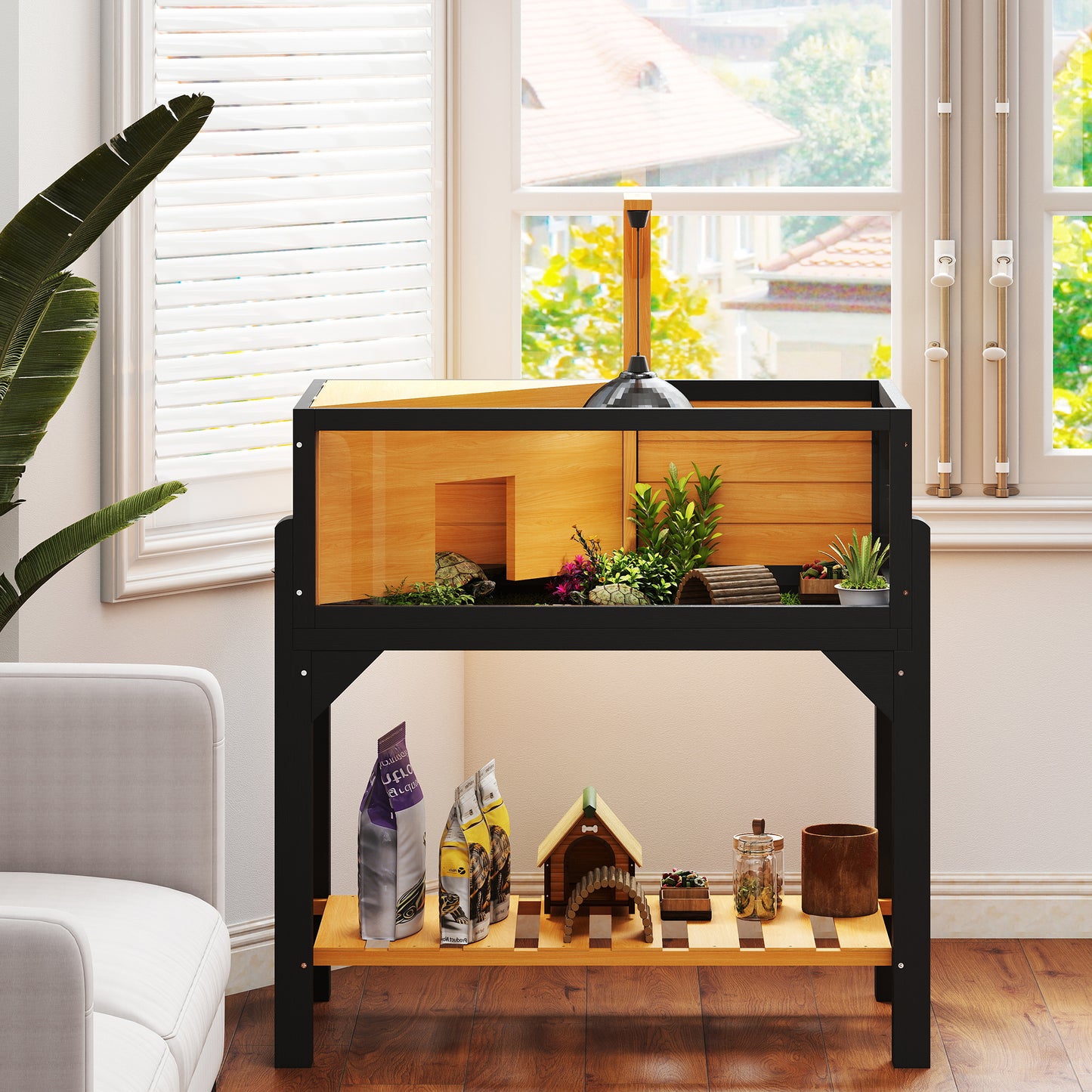 PawHut Wooden Tortoise House with Storage Shelf, Clear Observation Windows, Lamp Holder, Openable Top, Built-in Tray, Yellow