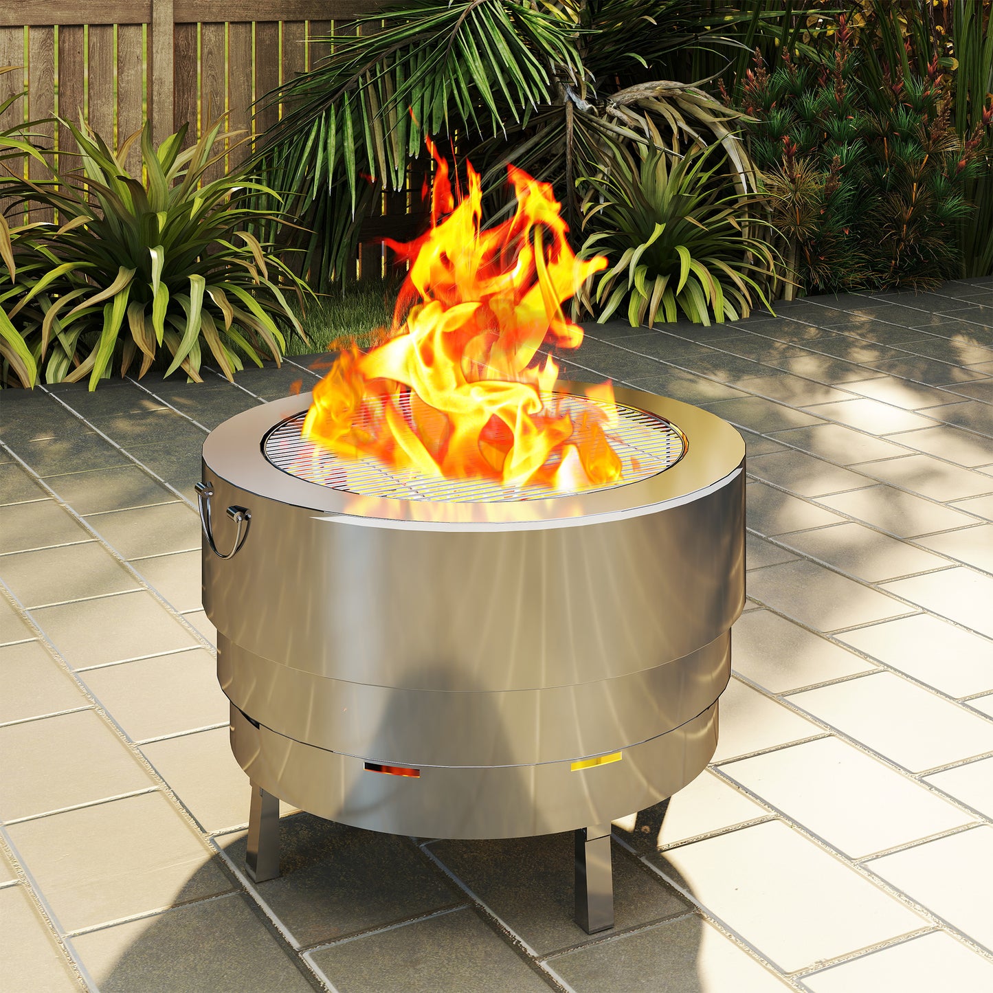 Outsunny Stainless Steel Wood-burning Fire Pit with Fire Poker - Silver