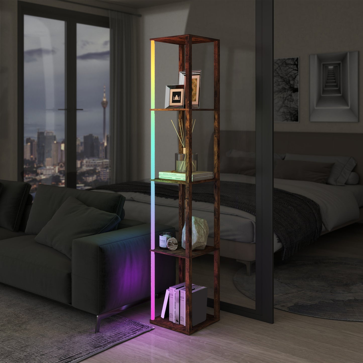 HOMCOM RGB LED Floor Lamp with Shelves, Modern Dimmable Light, Remote Control, Adjustable Brightness & Speed for Living Room, Rustic Brown