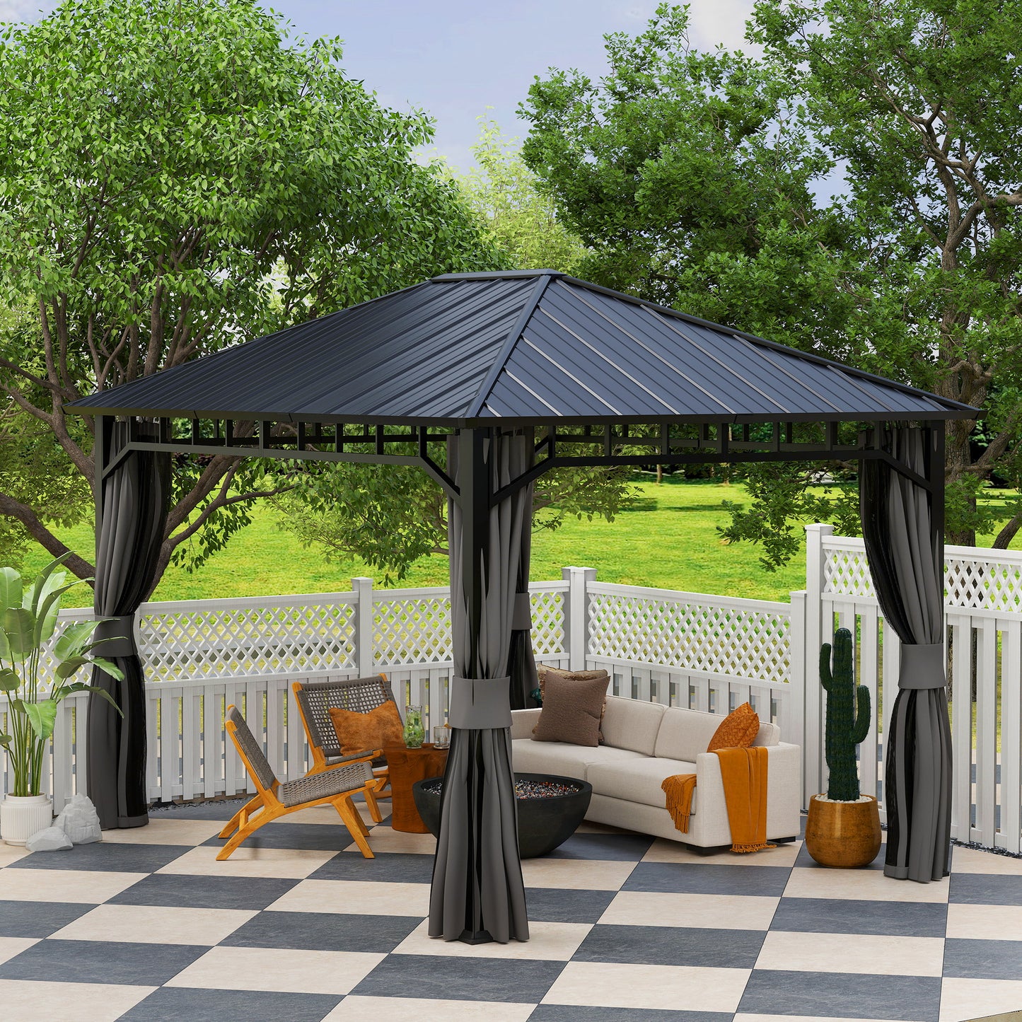 Outsunny 3 x 4m Hardtop Gazebo, Galvanised Steel Roof, Curtains, Netting, Waterproof Permanent Pavilion for Patio/Deck, with Water Gutter