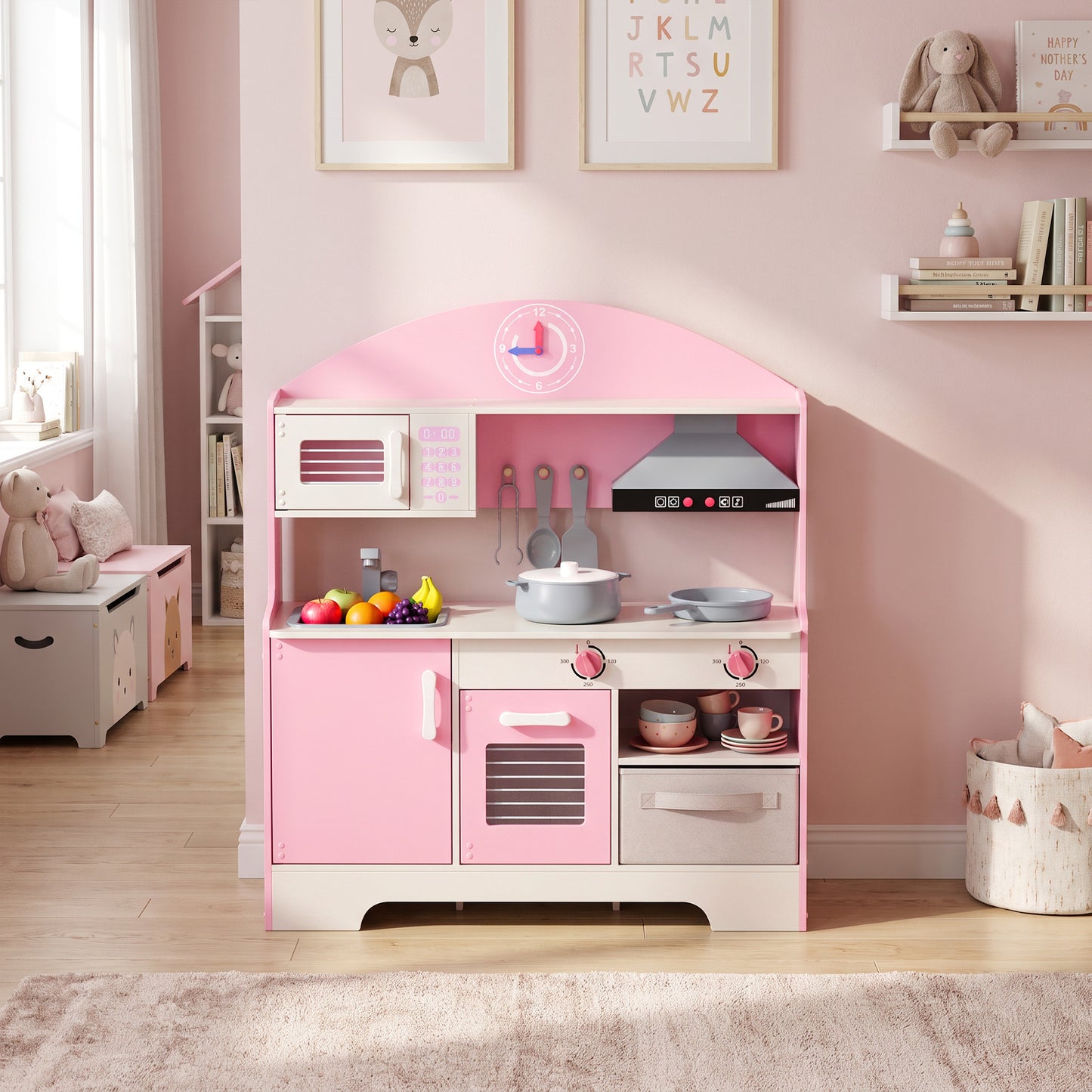 AIYAPLAY Kids Play Kitchen with Lights & Sounds, Pretend Play Toy set with Fabric Drawer, 5-Piece Accessories for 3-6 Years, Pink