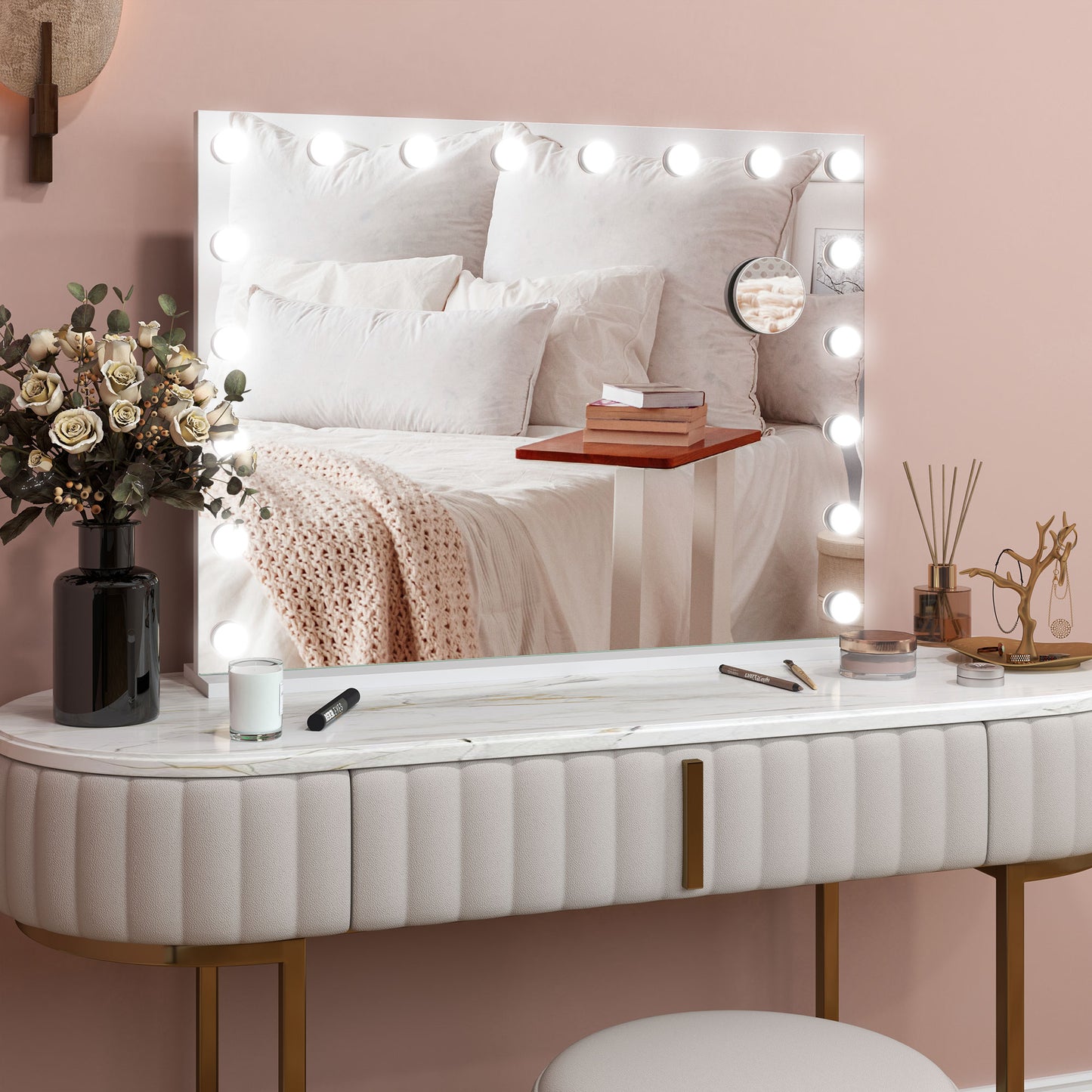 HOMCOM Hollywood Vanity Mirror with Lights, 80x62 cm, 18 LEDs, 3 Colours, 10X Magnifying, USB, Touch Screen, Tabletop/Wall Mount, White