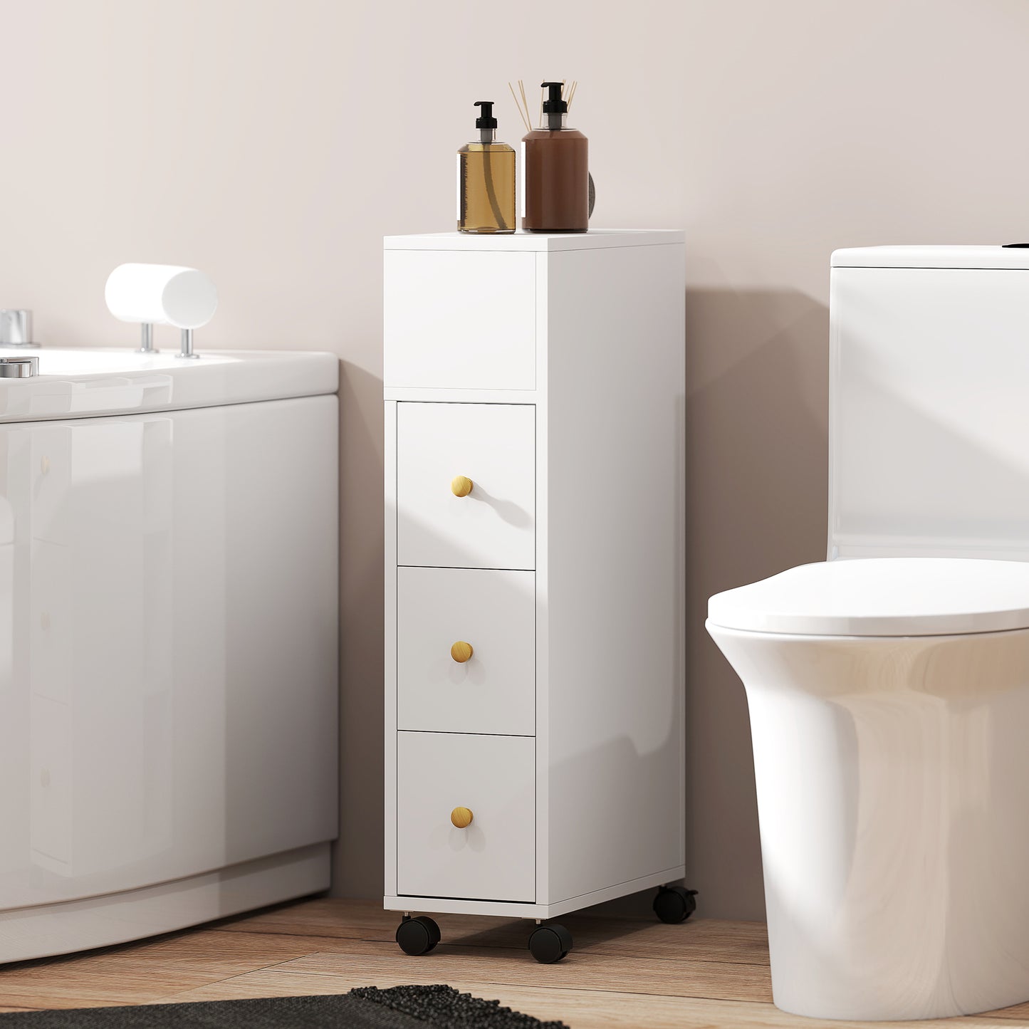 HOMCOM Slim Bathroom Storage Unit with Wheels - White