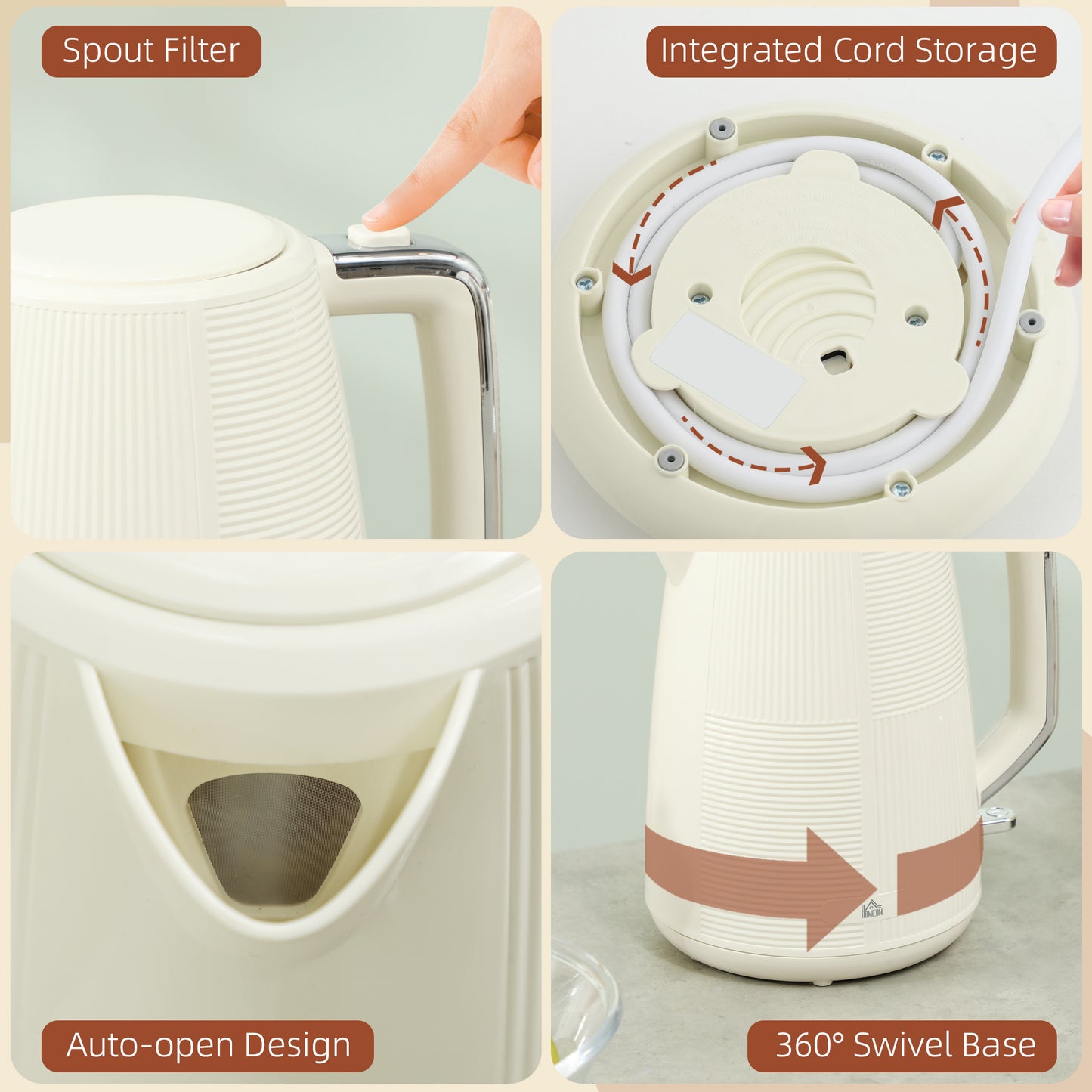 HOMCOM Kettle and Toaster Set, 1.7L 3000W Fast Boil, 2 Slice Toaster, 7 Browning Levels, Cream White