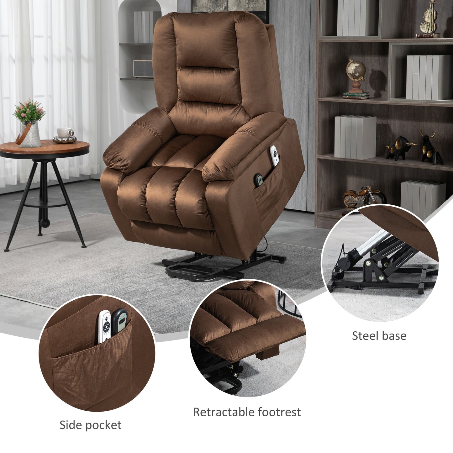 HOMCOM Lift Chair Quick Assembly Electric Riser and Recliner Chair with Vibration Massage Heat Side Pockets Brown