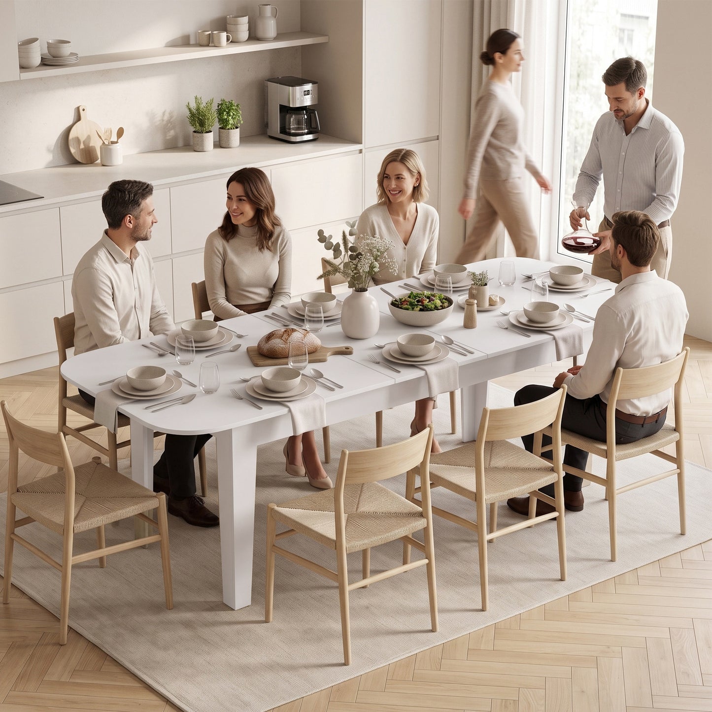 HOMCOM Extendable Oval Dining Table for 4-6, Modern Expandable Kitchen Table, Round Edges, White