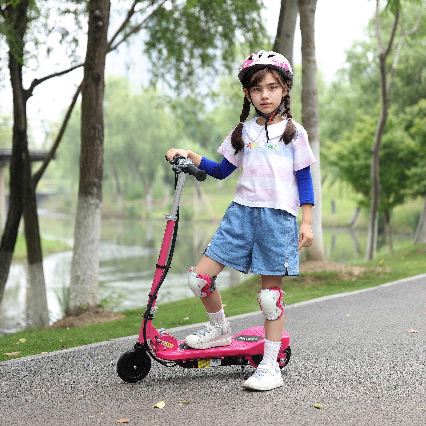 HOMCOM Folding Electric Kids Scooter Ride on Age 7-14, Pink