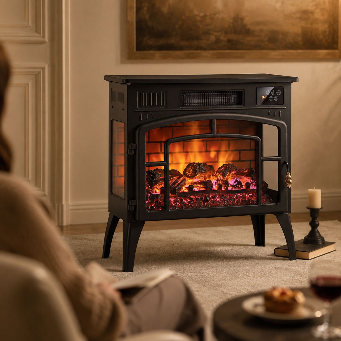 HOMCOM Smart Electric Fireplace Stove Log Burner, 3-Sided Glass WiFi Electric Fire Heater w/ 5-Colour Flame, Black