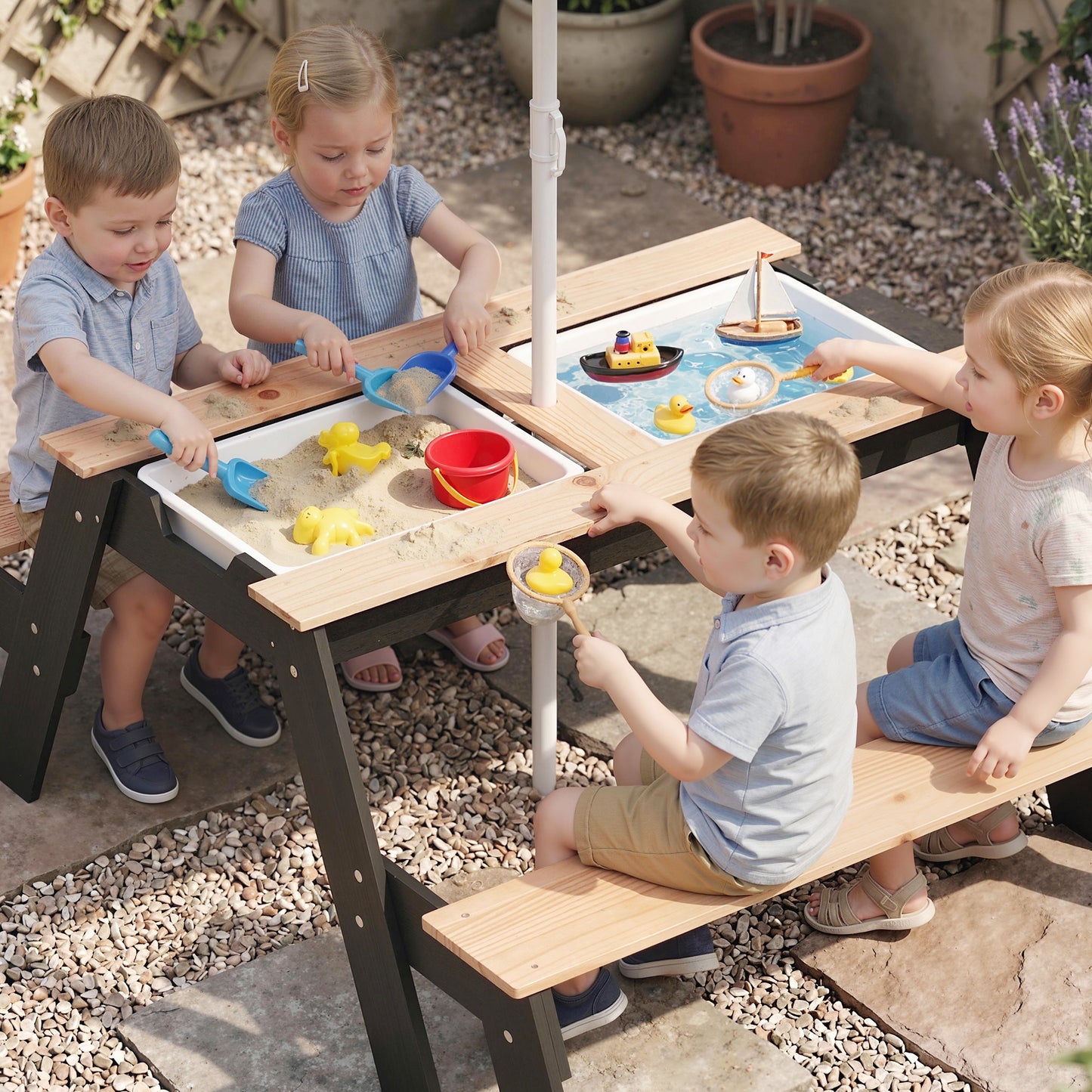 AIYAPLAY Kids Garden Furniture with Parasol, 3 in 1 Wooden Sand and Water Table with 2 Hidden Play Boxes for Patio, Ages 3-6