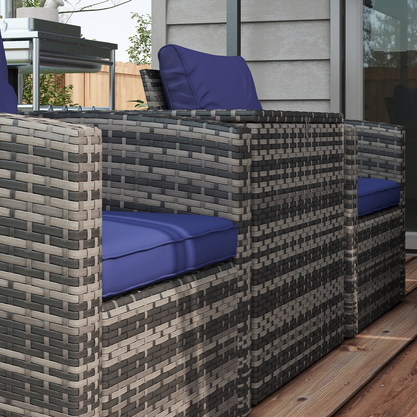 Outsunny 7-Seater Rattan Garden Furniture Set, Wicker Sofa with Storage Tea & Side Tables, Navy Blue