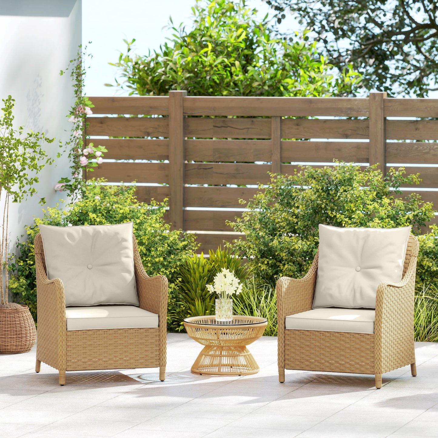 Outsunny Rattan Garden Chairs Set of 2, Outdoor with Cushions, Armrests, High Back, Steel Frame for Balcony, Porch, Beige
