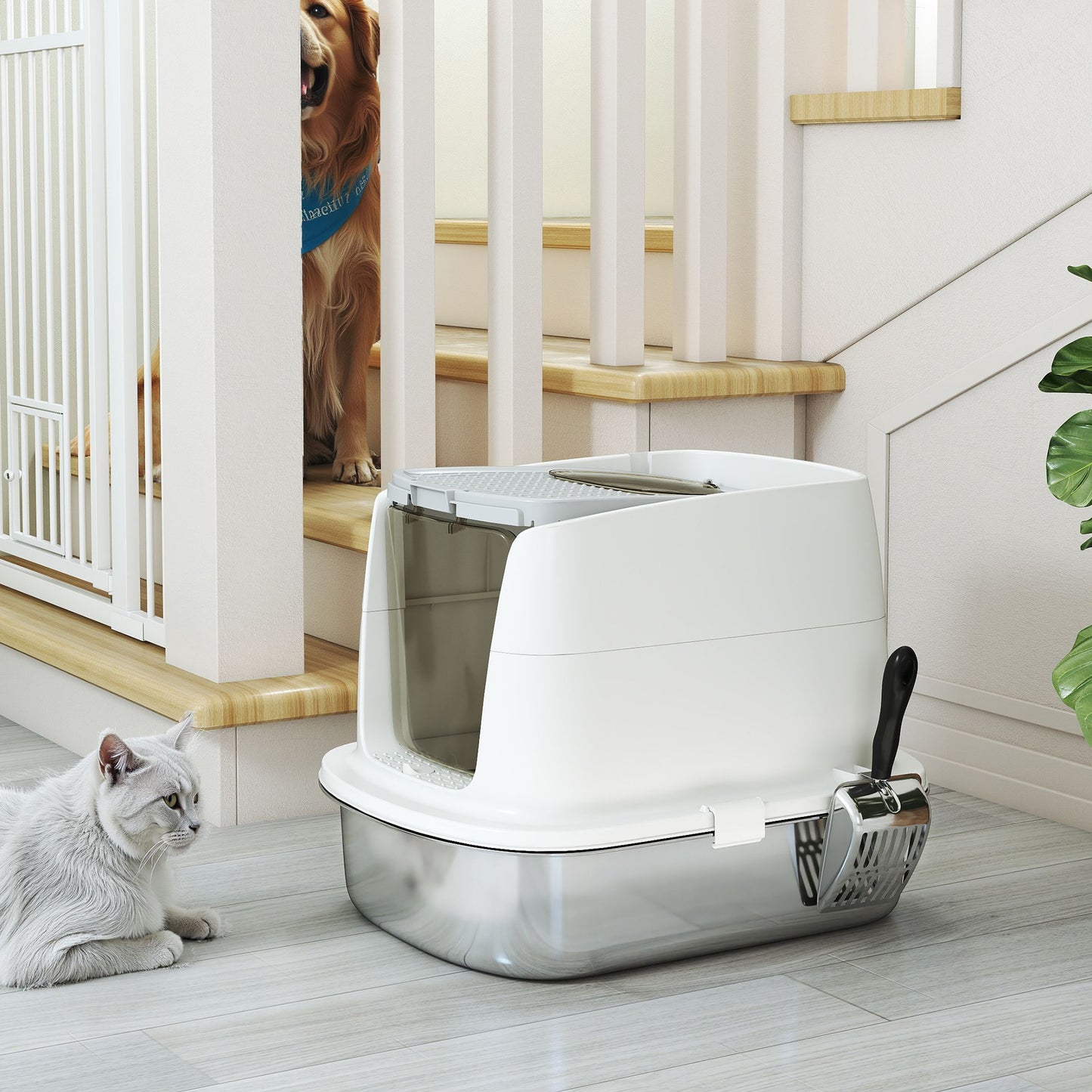 PawHut Large Stainless Steel Litter Box, Enclosed Metal Cat Litter Tray with Scoop, Deodoriser Bag, Front-Entry and Top-Exit