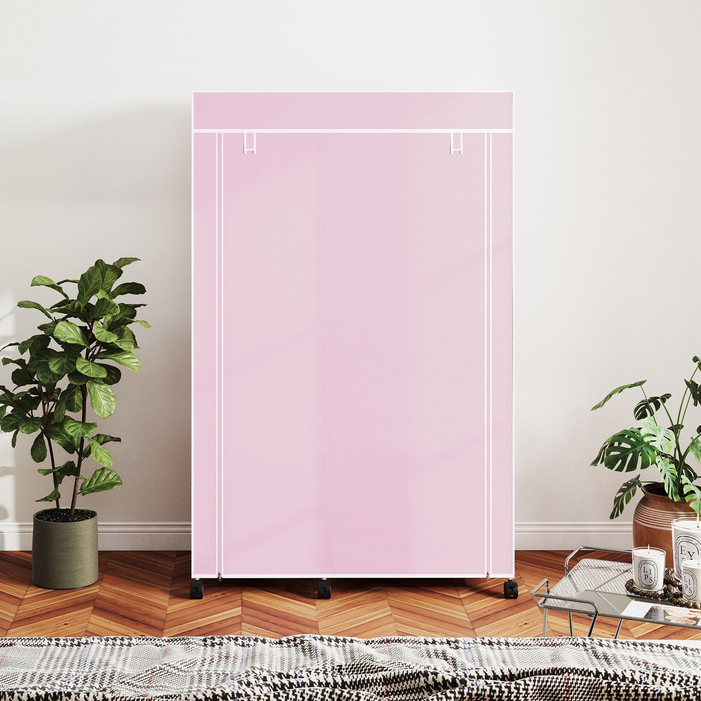 HOMCOM Fabric Wardrobe, Portable Wardrobe with 6 Shelves, 1 Hanging Rail, Pink