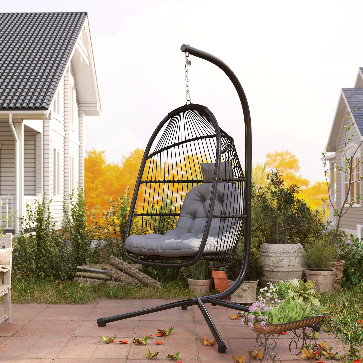 Outsunny Rattan Hanging Egg Chair w/ Stand, Foldable Wicker Swing, Cushion & Head Pillow, Steel Frame, 150 kg Capacity, Dark Grey