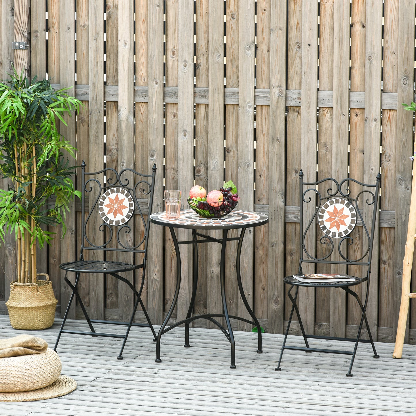 Outsunny 3 Pieces Garden Furniture Set, Bistro Set with 1 Ceramic Tile Round Table and 2 Foldable Chairs for Outdoor, Indoor, Patio, Balcony, Black