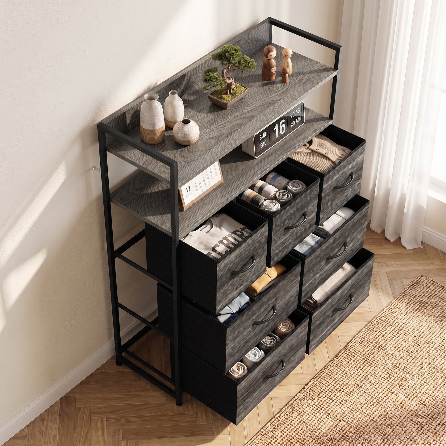 HOMCOM Chest of Drawers, Bedroom Fabric Dresser with 7 Drawers, Storage Organiser Unit with Open Shelves, Grey Wood-Effect
