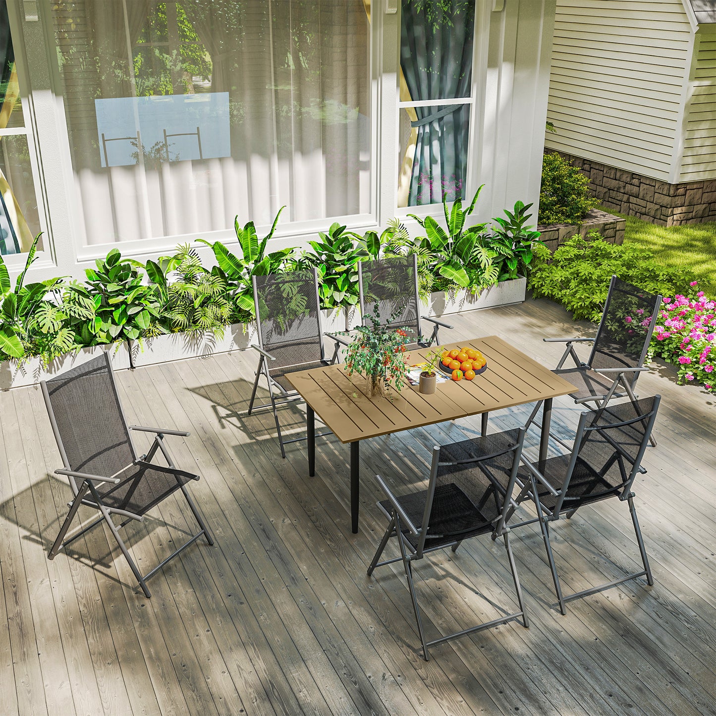 Outsunny Garden Dining Table for 6, Rectangle Outdoor Coffee Table w/ 5cm Parasol Hole, Slatted Top & Steel Frame for Patio/Balcony, Brown