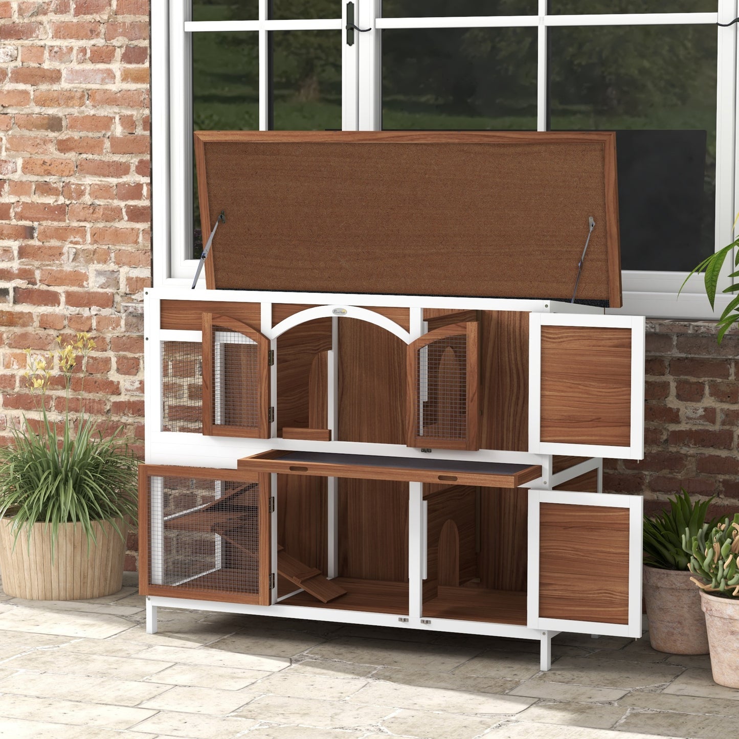 PawHut Two-Tier Wooden Pet Hutch with Openable Roof Slide-Out Tray
