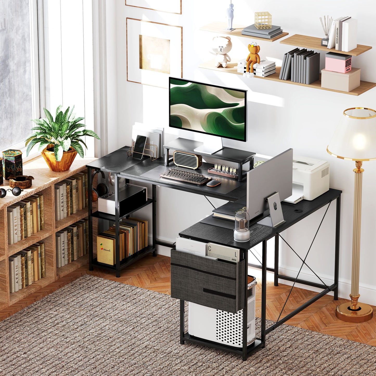 HOMCOM 168cm Reversible L-Shaped Industrial Desk, Adjustable Shelf, Storage Bag, 240cm 2-Person Desk, Black