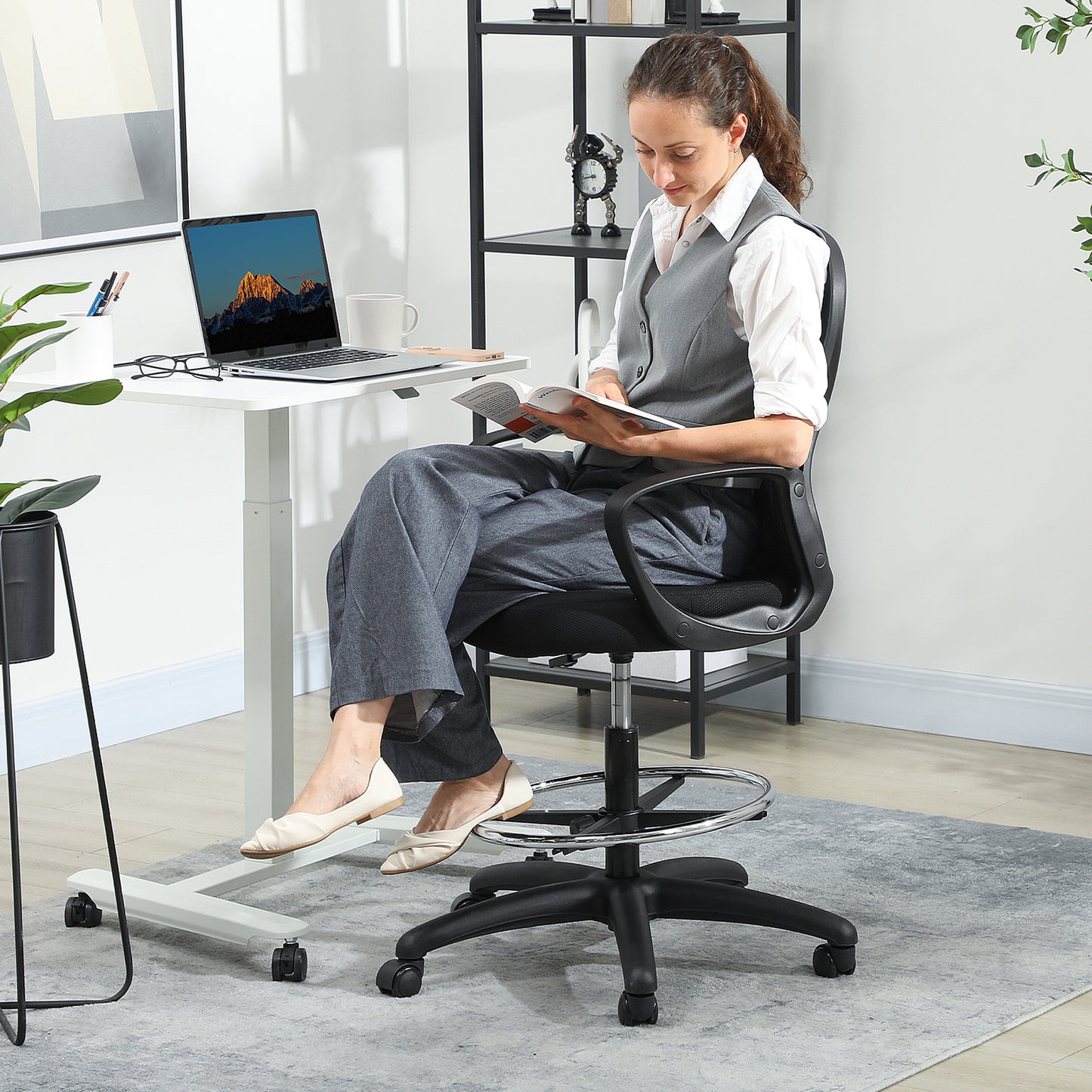 Vinsetto Drafting Chair, Ergonomic Mesh Office Chair with Lumbar Support, Adjustable Height and Footrest for Standing Desk, Black